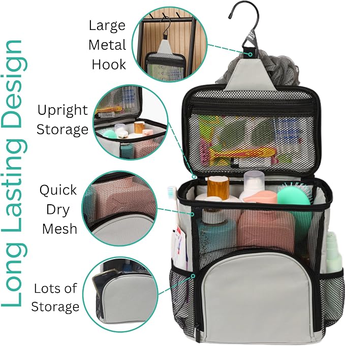 TERRA HOME Original Portable Shower Caddy For College Dorms - Foldable Mesh Tote - Dorm Room Essentials - Durable Hanging Travel Shower Bag - Perfect for College Students, Men, Women (Grey)