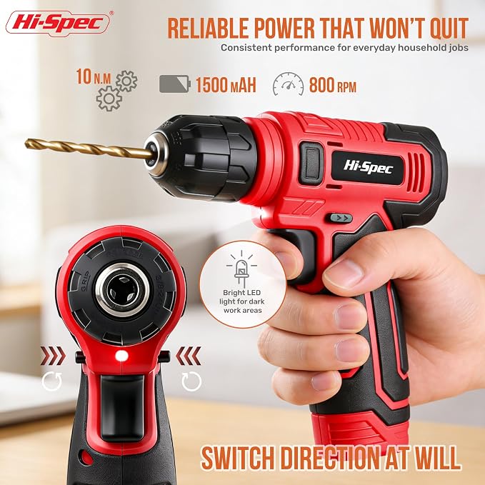 Hi-Spec 8V Cordless Drill Set & Starter Tool Kit – Rechargeable USB Electric Power Drill Driver, Compact Home Tool Set with Accessories, Red, Perfect for DIY Enthusiasts