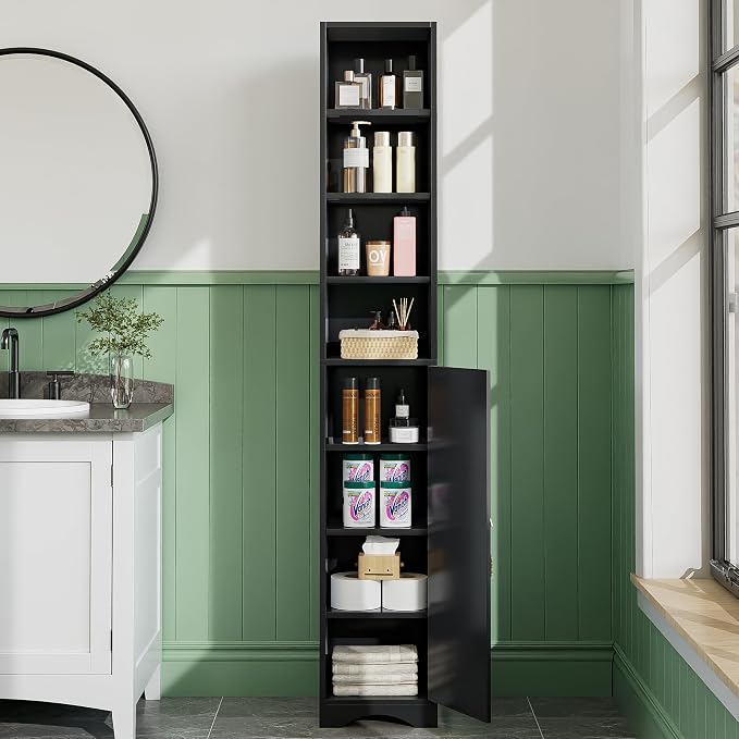 VECELO 71" Tall Narrow Storage Cabinet, Bathroom Storage Slim Freestanding Cabinet with Door & 6 Adjustable Shelves, Anti-Tip Design for Small Space, Kitchen, Living Room, Black