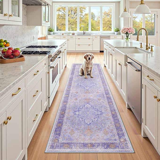 RELEANY Area Rugs Runner 2'6"x8' Washable Non-Slip, Floral Vintage Distress Medallion Carpet for Kitchen Hallway Bedroom Beside Laundry Room Bathroom, Light Purple Brown