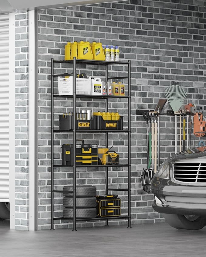 Sakugi Storage Shelves - 5 Tier Shelf Organizer, Heavy Duty Garage Shelving Unit with Leveling Feet, Stable Metal Shelves Organizer for Pantry, Kitchen and Closet, 33.0" W x 12.6" D x 72.0" H, Black