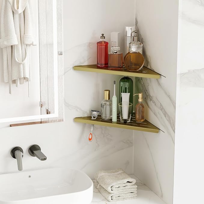 2 Pack Gold Corner Shower Shelves, 304 Stainless Steel Corner Wall Mounted Bathroom Organizer Caddy with Razor Slot, 10’’ Rust-Proof Floating Shelf for Shower Storage (Fits 90° Tile Walls,Holds 15lbs)