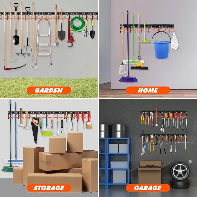TVKB 68'' All Metal Garden Tool Organizer Adjustable Garage Tool Organizer Wall Mount Garage Organizers and Storage with Heavy Duty Hooks Tool Hangers for Garage Wall, Shed, Garden