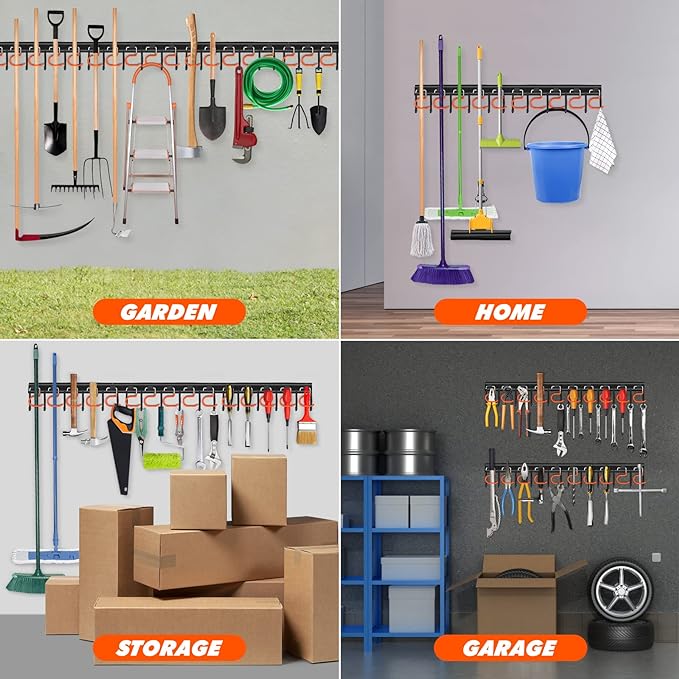 TVKB 34'' All Metal Garden Tool Organizer Wall Mount Garage Organizers and Storage with Hooks Tool Hangers for Shed