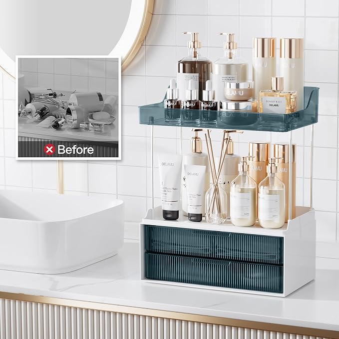 Delamu Bathroom Organizers and Storage, 2 Tier 2 Drawer Makeup Organizer Countertop, Easy to Install, Ideal for Bathroom Counter, Vanity, Blue