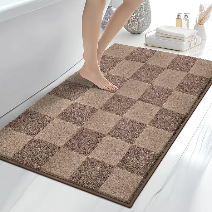 anllugs Bathroom Rugs 30" x 46", Non-Slip Extra Soft Absorbent Bath Rugs, Machine Washable Quick Dry Bath Mats for Bathroom Floor, Shower, Bathtub and Sink, Checkered Grayish Brown & Coffee