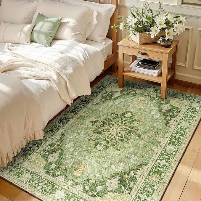 RELEANY Area Rugs 3'x4' Washable Non-Slip, Floral Vintage Distress Medallion Carpet for Living Room Bedroom Dining Room, Sage Green Yellow