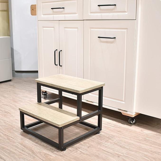 SZLHANJZ Step Stool, Wood and Metal Step for Adults Kids, Bedside Stepping Stool for High Bed with Round Corners, 2 Steps Foot Stool for Kitchen Bedroom, Load 500 LB, Beige