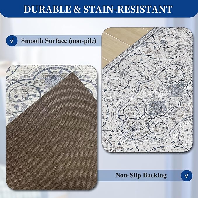SALLOUS Floor Mat for Home, 5' x 7' Waterproof Area Rug for Living Room, Vinyl Area Rug for Bedroom, Slip Resistant Hard Floor Protector Mat for Kitchen, Bathroom, Entryway (Grayish Blue Bohemian)