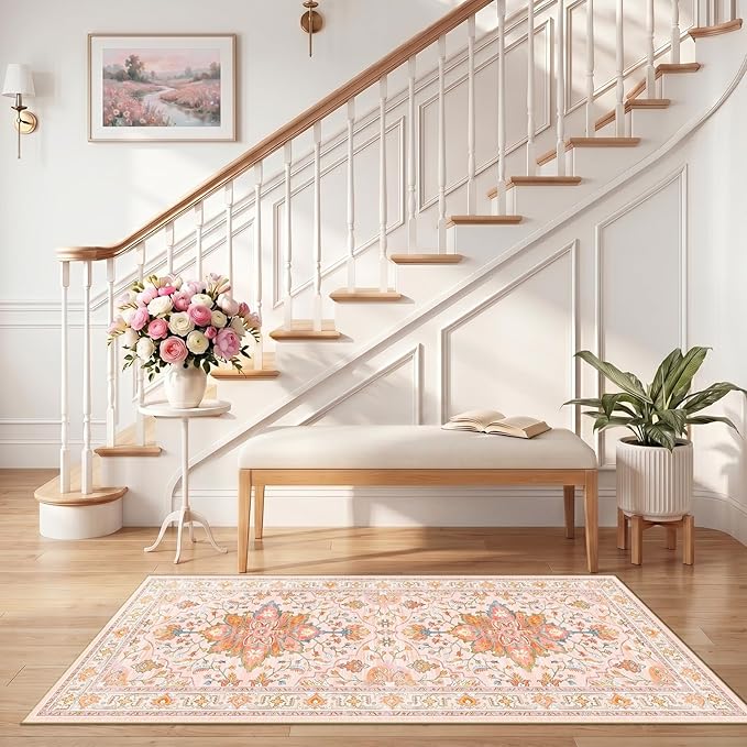 RELEANY Area Rugs Runner 2'6"x5' Washable Non-Slip, Floral Vintage Distress Medallion Carpet for Kitchen Hallway Bedroom Beside Laundry Room Bathroom, Light Pink Colorful