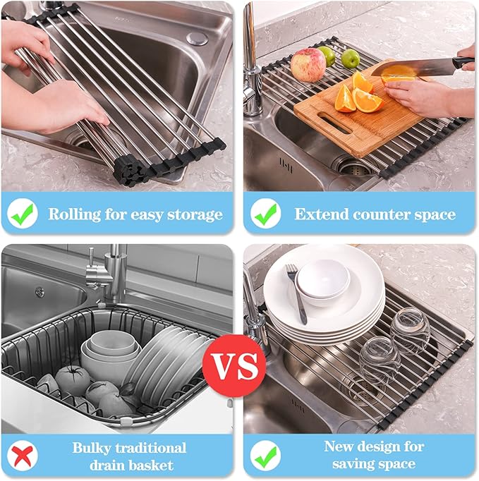 Seropy Roll Up Dish Drying Rack Over the Sink Drying Rack for Kitchen Counter, Rolling Dish Rack Over Sink Mat, Foldable Dish Drainer Stainless Steel Rack Kitchen Organization Gadgets 17.5"x11.8"