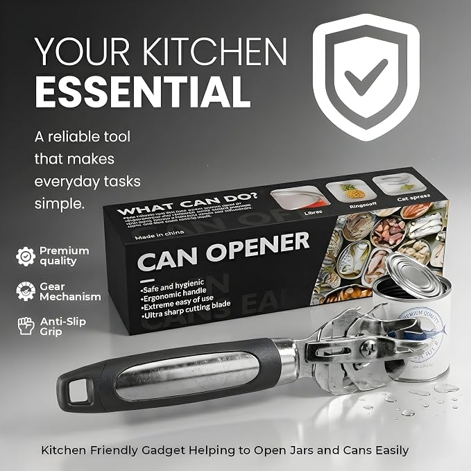 Manual Can Opener – Easy Grip Can Opener Manual, Smooth Edge Design, Durable Stainless Steel, Can Openers for Seniors, Effortless Turning, Kitchen Tool (Silver&Black)