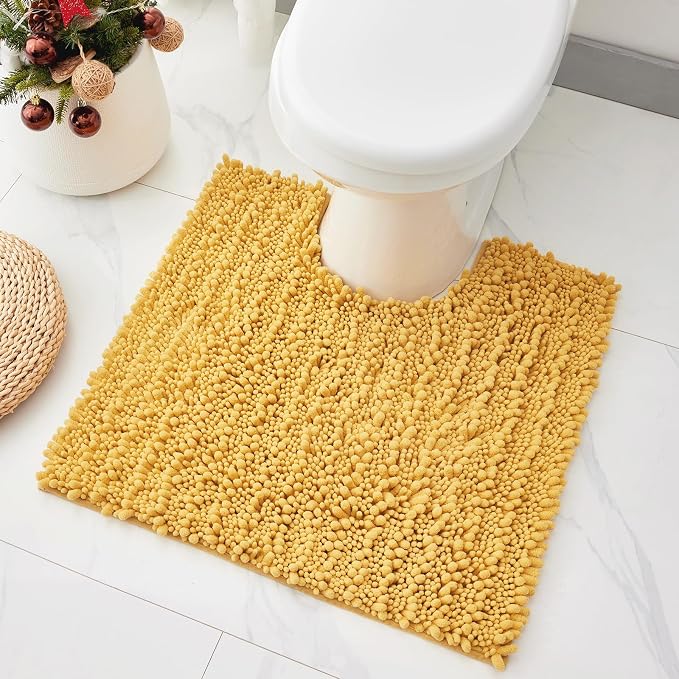 Toilet Rugs U-Shaped Mat 24x24, Contour Bathroom Mat - Ultra Soft & Absorbent Chenille, Quick-Dry, Machine Washable with Non Slip Barrier Backing, Yellow