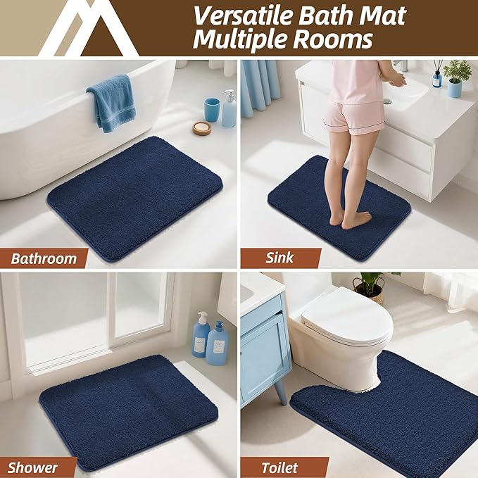 COSY HOMEER Toilet Rugs U-Shaped 24"x20",Soft Absorbent Bath Mat with Non-Slip TPR Backing, Machine Washable Shaggy Bath Rug for Toilet,Navy Blue