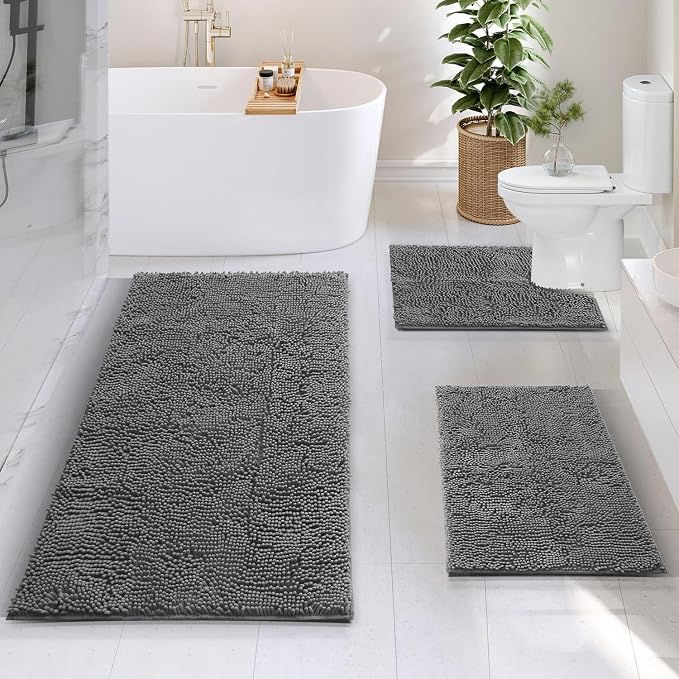 Hearth & Harbor Bathroom Rugs, Chenille Bath Mat - Machine Washable Bath Mats for Bathroom Non-Slip Backing Rubber, Quick Dry Mat - Grey Bath Rug, 17x24-26x44-20x24