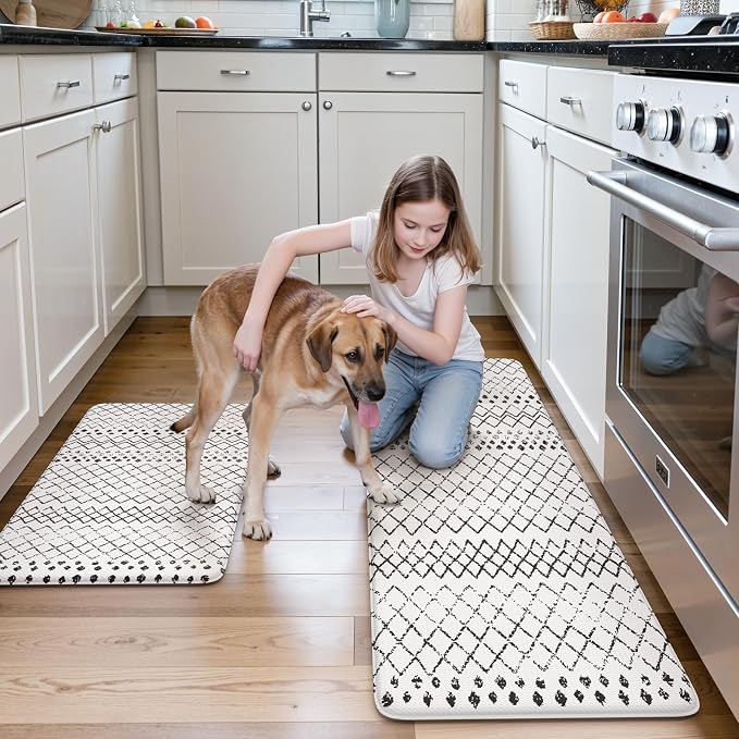 KIMODE Kitchen Mats 2PCS,Cushioned Anti Fatigue Kitchen Rugs and Mats,Non Skid Waterproof Kitchen Mats for Floor,Comfort Foam Standing Mat for Home Decor, Office,Sink,Laundry Room,Desk,Black and White