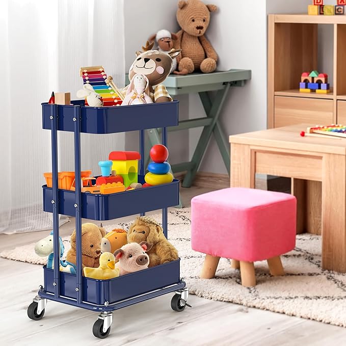 Simple Houseware 3-Tier Compact Utility Rolling Cart, Low 24” Height Fits Under Desk, Space-Saving Storage for Home Office, Dining Room, or Kitchen, Navy