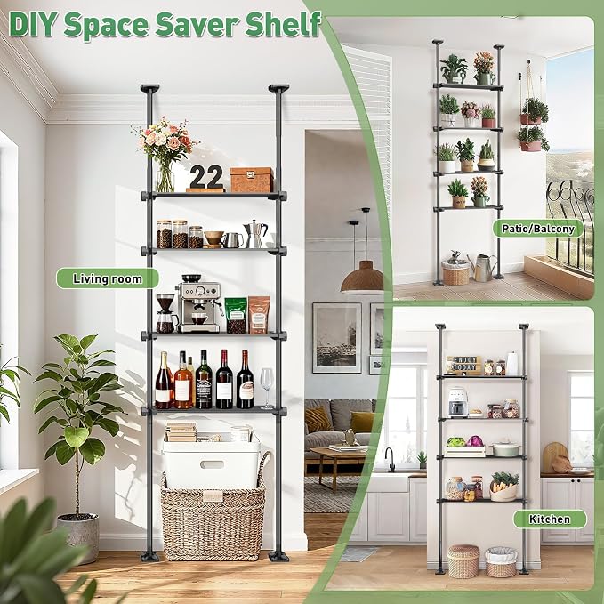 SUNALLY Over The Toilet Storage Shelf, 4-Tier Adjustable Over Toilet Bathroom Organizer,Tension-Mounted Bathroom Storage Rack for Ceilings, No Drill Space-Saving Shelving for Small Rooms,Black