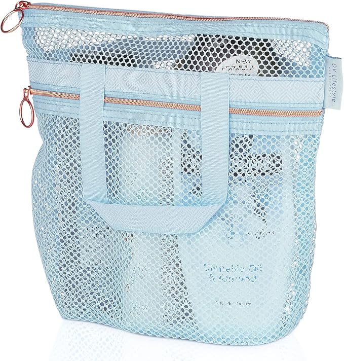 DV Lifestyle Mesh Shower Bag 10.2x9.9'' Quick-Dry Caddy with Zipper & 2 Pockets. Portable Toiletry Tote for Bathroom, Gym, Travel, Camp, Beach, for Sunscreen, Dorm & College Essentials (Blue)