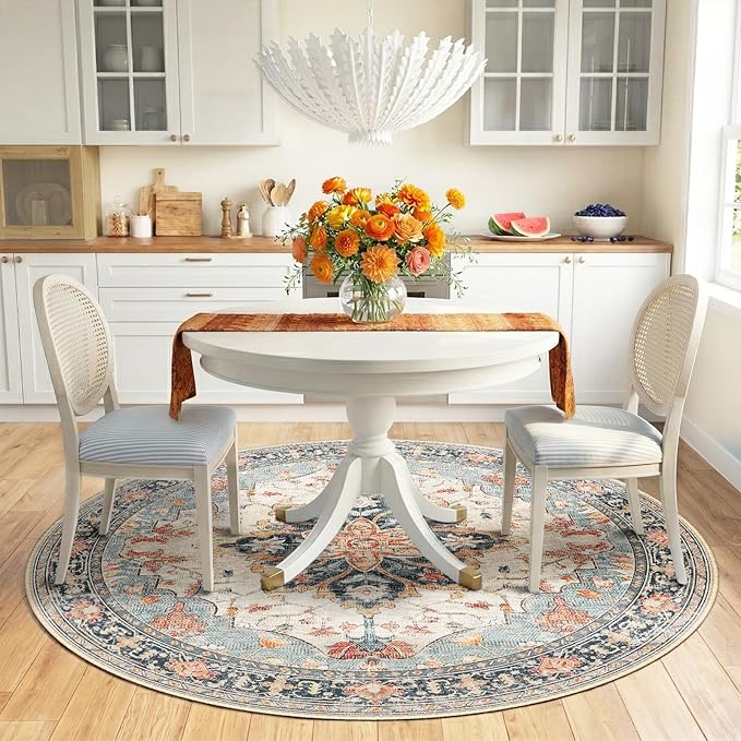 RELEANY Area Rugs Round 6ft Washable Non-Slip, Floral Vintage Distress Medallion Carpet for Living Room Bedroom Dining Room, Beige Navy Blue Orange Colorful