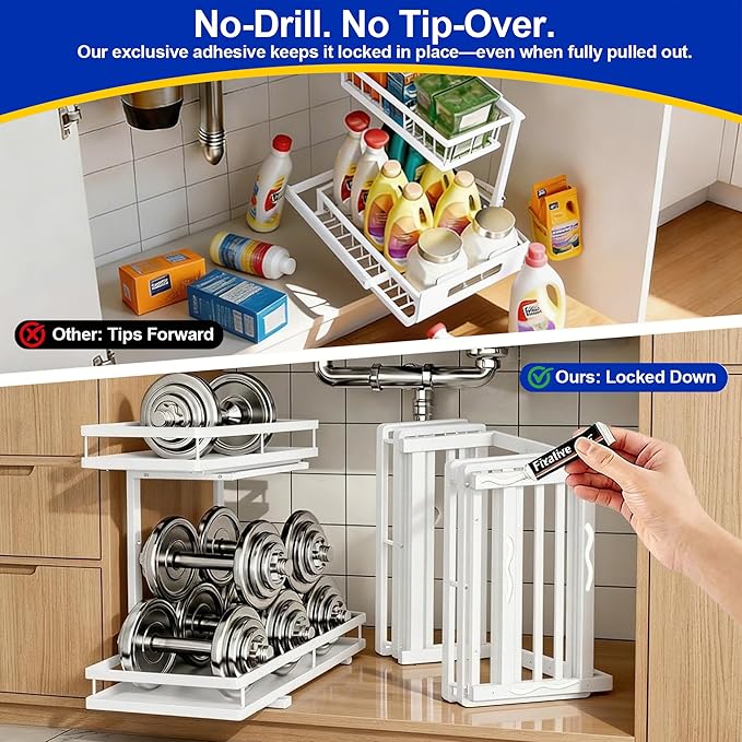 Under Sink Organizer, Dual-Rail Ball-Bearing, Under Kitchen Sink Organizer, 6-Level Adjustable, Under Cabinet Organizer, No-Drill Adhesive/Suction, Under Sink Storage (White, Double Layer - 1 Pack)
