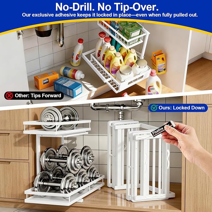 Under Sink Organizer, Dual-Rail Ball-Bearing, Under Kitchen Sink Organizer, 6-Level Adjustable, Under Cabinet Organizer, No-Drill Adhesive/Suction, Under Sink Storage (White, Double Layer - 2 Pack)