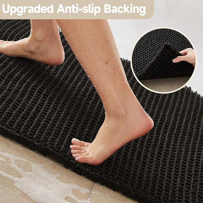 TYUU Black Bathroom Rug, Waffle Bath Mat Non Slip Washable Super Absorbent Quick Dry Boho Farmhouse Bathroom Decor, 48"x24" Black