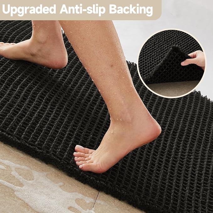 TYUU Black Long Bathroom Rug, Waffle Runner Rug Bathroom Non Slip Washable Super Absorbent Quick Dry Boho Farmhouse Bath Decor, 60"x24" Black
