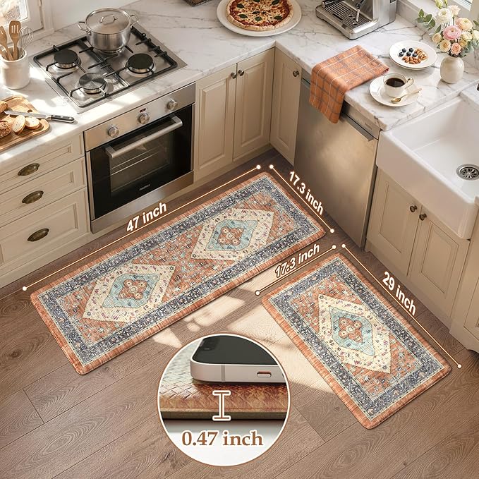 KIMODE Anti Fatigue Kitchen Mat for Floor, Boho Orange Kitchen Rugs Sets of 2, Cushioned Kitchen Floor Mats, Fall Kitchen Rugs Non Slip for Halloween Sink Laundry Desk Home 17"x47"+17"x29"