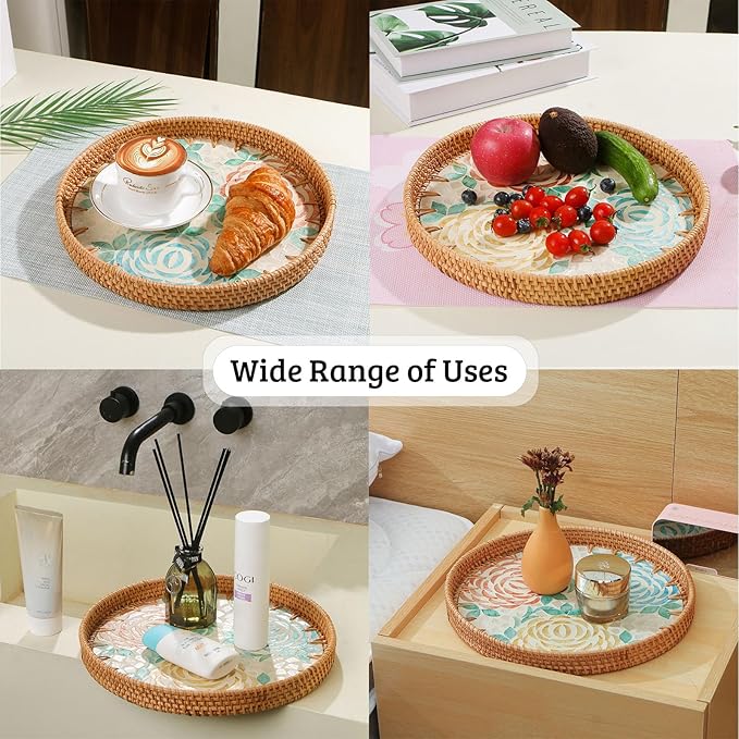 Round Rattan Tray with Mother of Pearl Inlay, Decorative Wicker Serving Tray with Wooden Base, Woven Basket Trays for Bread Fruits Coffee, Peony