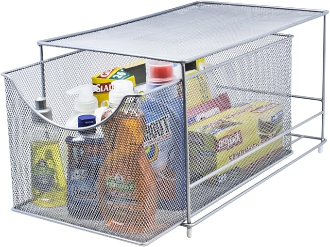 Sorbus® Cabinet Organizer Drawer with Cover—Mesh Storage Organizer w/Pull Out Drawers—Stackable, Ideal for Countertop, Cabinet, Pantry, Under the Sink, Desktop and More (Silver Bottom Drawer)