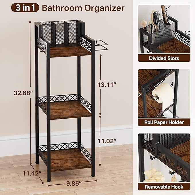 Bathroom Storage and Organizer Shelf Hair Dryer Holder, 9.85in 3-Tier Narrow Metal Standing Rack with Toilet Paper Holder, Corner Stand for Cosmetic, Vanity, Kitchen, Laundry Rustic Brown