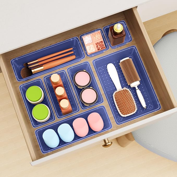 ElegantArray 12 PCS Drawer Organizer Set, 4 Sizes Tool Storage Trays, Clear Plastic Makeup Vanity Organizer and Storage Bins for Stationeries, Multiple Gadgets for Office, Bedroom, Navy Blue