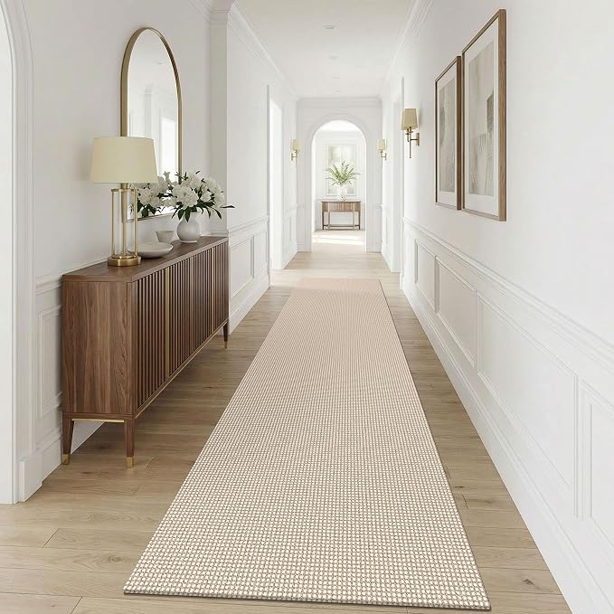 KOZYFLY Cotton 3x12 Runners Rugs for Hallway, Long Washable Runner Rug, Woven Non Slip Kitchen Runner, Braided Entryway Rug, Floor Carpet for Entry, Aisle, Hall, Ivory/Camel/Brown