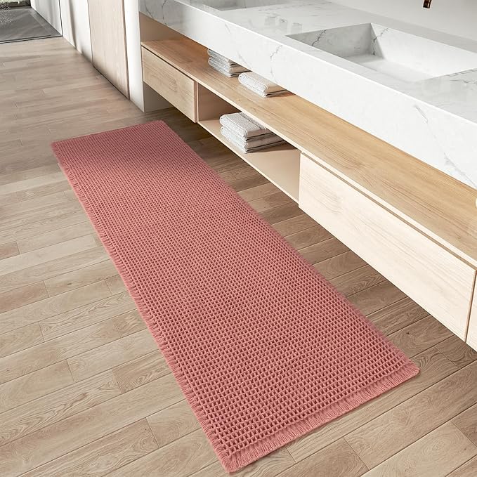 Upgraded Waffle Runner Rug Super Absorbent Non Slip Bath Mats for Bathroom Floor Washable Bathroom Runner Rug with Tassels, Ideal for Hallway Bedroom Laundry Room, Coral Pink, 2' x 5'(24" x 60")