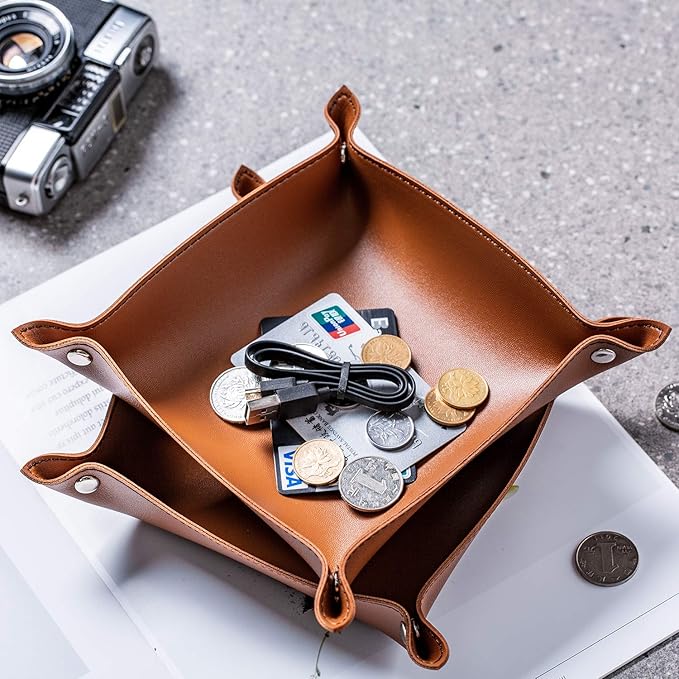 Leather Jewelry Valet Tray for Women and Man, Portable Entryway Table Tray Bedside Nightstand Desk Tray Small Catchall Travel Dish Plate for Key,Wallet,Watch,Coin (2PCs Brown-B)