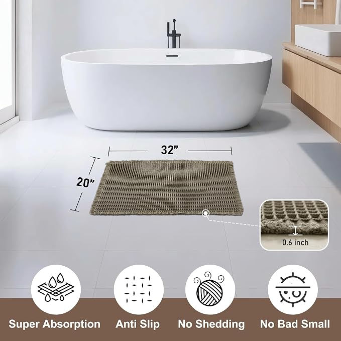 JIUZHEN Upgraded Waffle Bath Mat Non Slip Bath Rug with Rubber Backing Machine Washable Bathroom Mats with Tassels Super Absorbent Quick-Drying Waffle Mat for Bathroom, 20" x 32", Olive Green