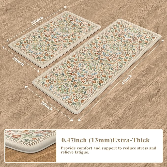 Collive Anti Fatigue Mats for Kitchen Floor, Waterproof Non Skid Kitchen Rugs Sets of 2 Beige Vintage Floral Rug, Foam Comfort Standing Mat for Office, Sink, Laundry