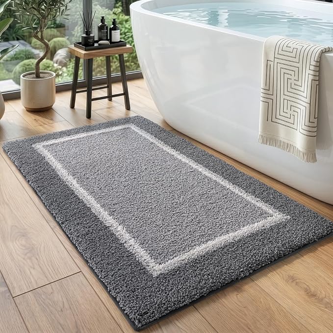 DEXI Bathroom Rugs 43x24, Absorbent Extra Soft Plush Microfiber Bath Mat for Bathroom, Non Slip Washable Bathmat Quick Dry for Shower Floor, Sink, Tub, Laundry Room, Light Grey