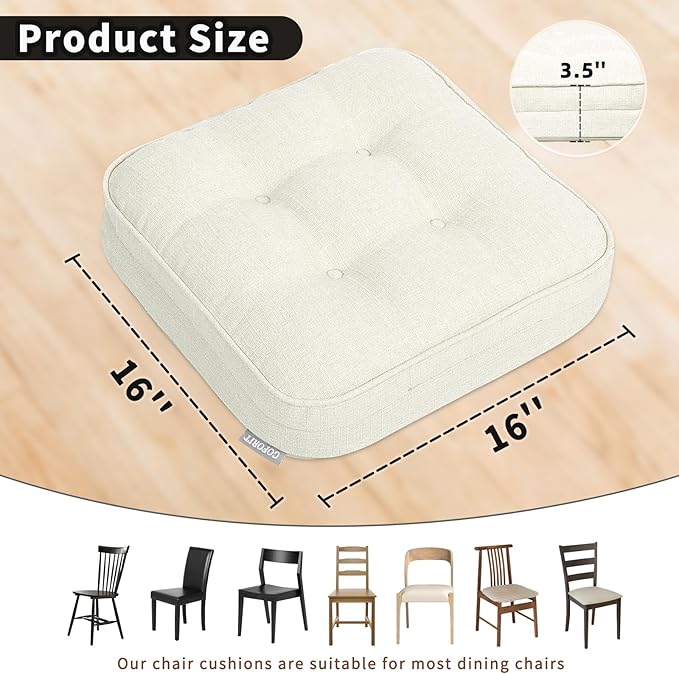 GOFORIT Memory Foam Cushion，Square Seat Cushions for Dining Chairs,Non-Slip Chair Pads with Removable Cover, 16'' x 16'', Off White