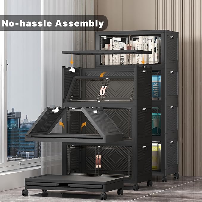 UAMFURI Stackable Storage Bins with Lids & Wheels & Door, Foldable Collapsible Closet Organizers, Extra Large Plastic Storage Drawers for Bedroom Dorm Office Garage (Dark-55qt, 8Pack with 2 top lids)