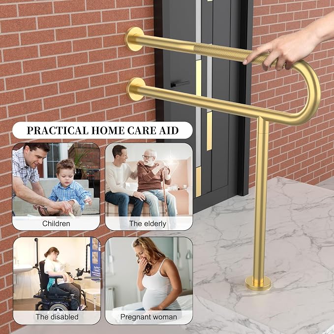 Toilet Support Rail 32 Inch, Munzong Anti-Slip Gold Handicap Grab Bar for Bathroom, Stainless Steel Knurled Safety handrails with Leg for Elderly Disabled Pregnant-1.25’Tube
