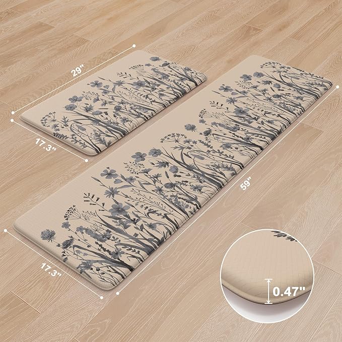 KIMODE Kitchen Anti Fatigue Mats, Farmhouse Kitchen Rugs Sets of 2, Memory Foam Kitchen Mats for Floor, Waterproof Standing Mat for Sink, Laundry, Office, Desk Brown/Gray 17"x59"+17"x29"