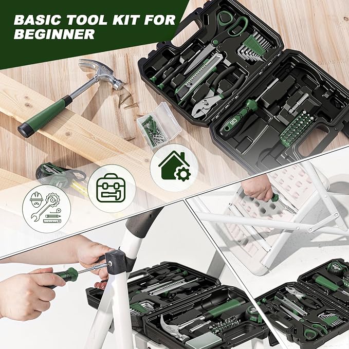 Prostormer 93-Piece Tool Kit, Basic Household Repair Tool Set with Toolbox Storage Case, Small Starter Tool Box Kit for Homeowners and College Students (Green)