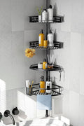 HAMITOR Corner Shower Caddy Tension Pole: Quick Installation 4-Tier Rustproof Bathroom Organizer Shelves for Bathtub Shampoo Storage - 47-121 inch Adjustable Floor Standing Bath Rack Holder - Black