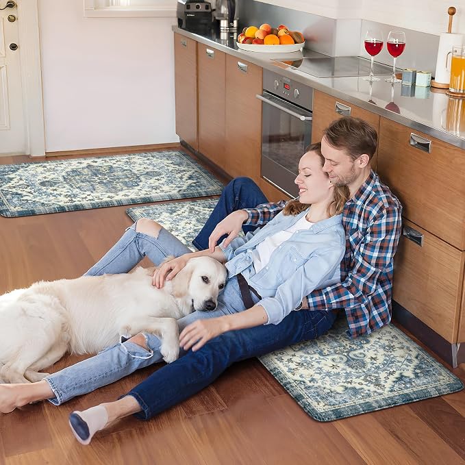 KIMODE Anti Fatigue Kitchen Mats, 17"x47"+17"x29" Boho Vintage Kitchen Rugs Sets of 2, Non Slip Kitchen Mats for Floor, Cushioned Kitchen Floor Mats for Sink Laundry Office Desk Blue Multi