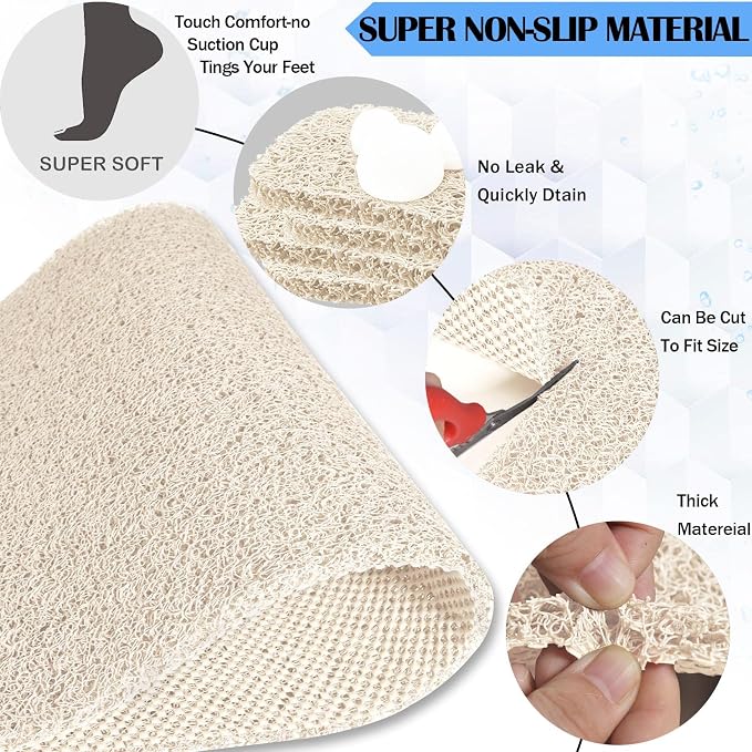 godehone Shower Mats Non Slip Without Suction Cups, PVC Loofah Bathroom Mats, Loofah Mats for Shower and Bathroom, Quick Drying, 15.7× 36 Inch, Beige