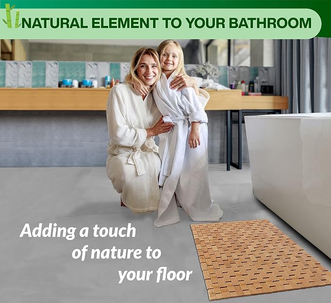 Bamboo Bath Mat - Foldable, 34x18-Inch Wood Bathmat for Bathroom Sauna Spa Door Kitchen Floor and Countertops - Modern Farmhouse Decor Accessory