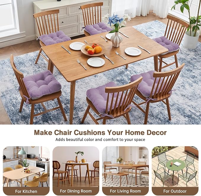 BETU Chair Cushions for Dining Chairs Set of 6,3.5" Thick Kitchen Table Chair Pads with Ties,Non Slip Backing and Covers, Seat Cushion for Dining Room,Bar,Patio Chairs,15.5"X15.5"X3.5",Purple