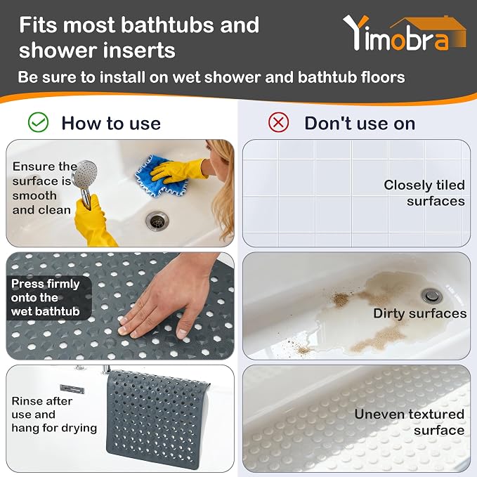 Yimobra Bathtub Mat Non Slip, 34.5"X15.5" Long Shower Mat for Inside Shower, Machine Washable Bath Mat with Drain Holes & Strong Suction Cups, Soft on Feet, Bathroom Essentials, Dark Grey